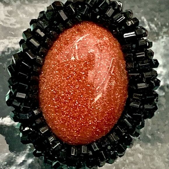 Hand beaded goldstone black glass bugle bead earrings pierced artist made - Picture 4 of 13